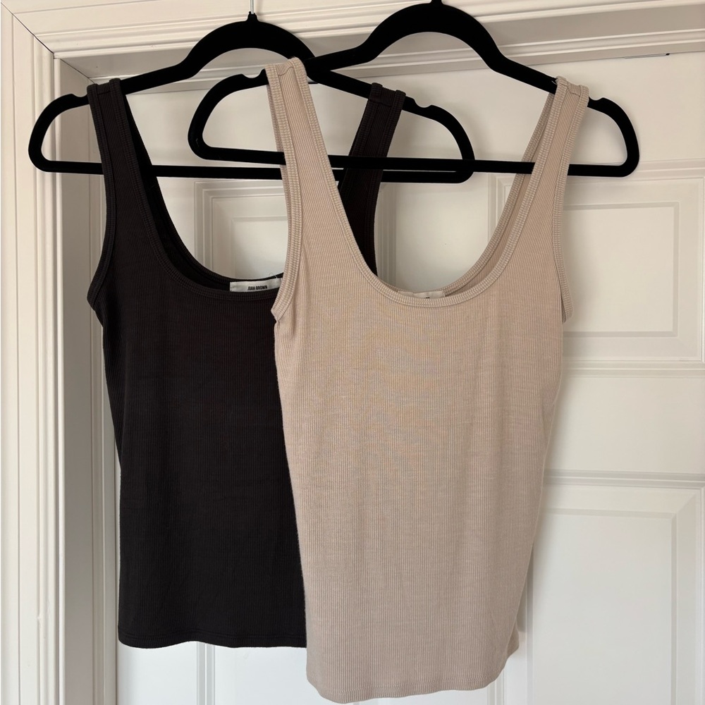 Joah Brown Fitted Ribbed Black and Cream Tank Tops